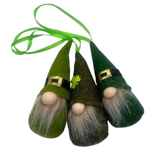 St. Patricks Day Gnome Ornaments With Green Hats & Beard Decorations Set of 3 - Picture 2 of 7